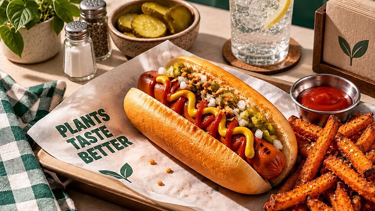 A grilled plant-based hot dog with mustard, ketchup, relish and onions in a bun on a paper-lined tray, beside sweet potato fries and a small cup of ketchup