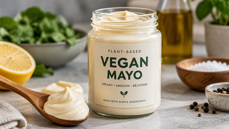 Glass jar of vegan mayo with a generic plant-based label, a wooden spoon of mayo, a halved lemon, greens, a bottle of oil, salt and peppercorns on a grey stone counter