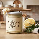 Jar labeled vegan mayo with a wooden spoon of mayo resting on the lid, next to half a lemon, fresh dill, a bowl of salt and a whisk on a kitchen counter