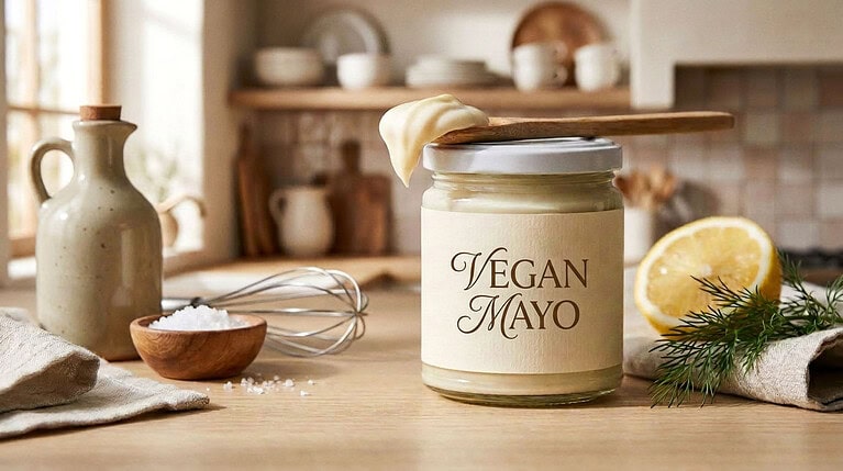 Jar labeled vegan mayo with a wooden spoon of mayo resting on the lid, next to half a lemon, fresh dill, a bowl of salt and a whisk on a kitchen counter