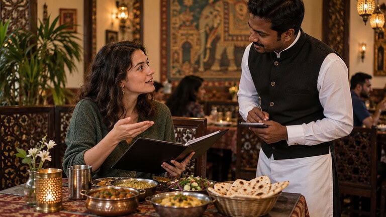 Woman ordering vegan food at an Indian restaurant
