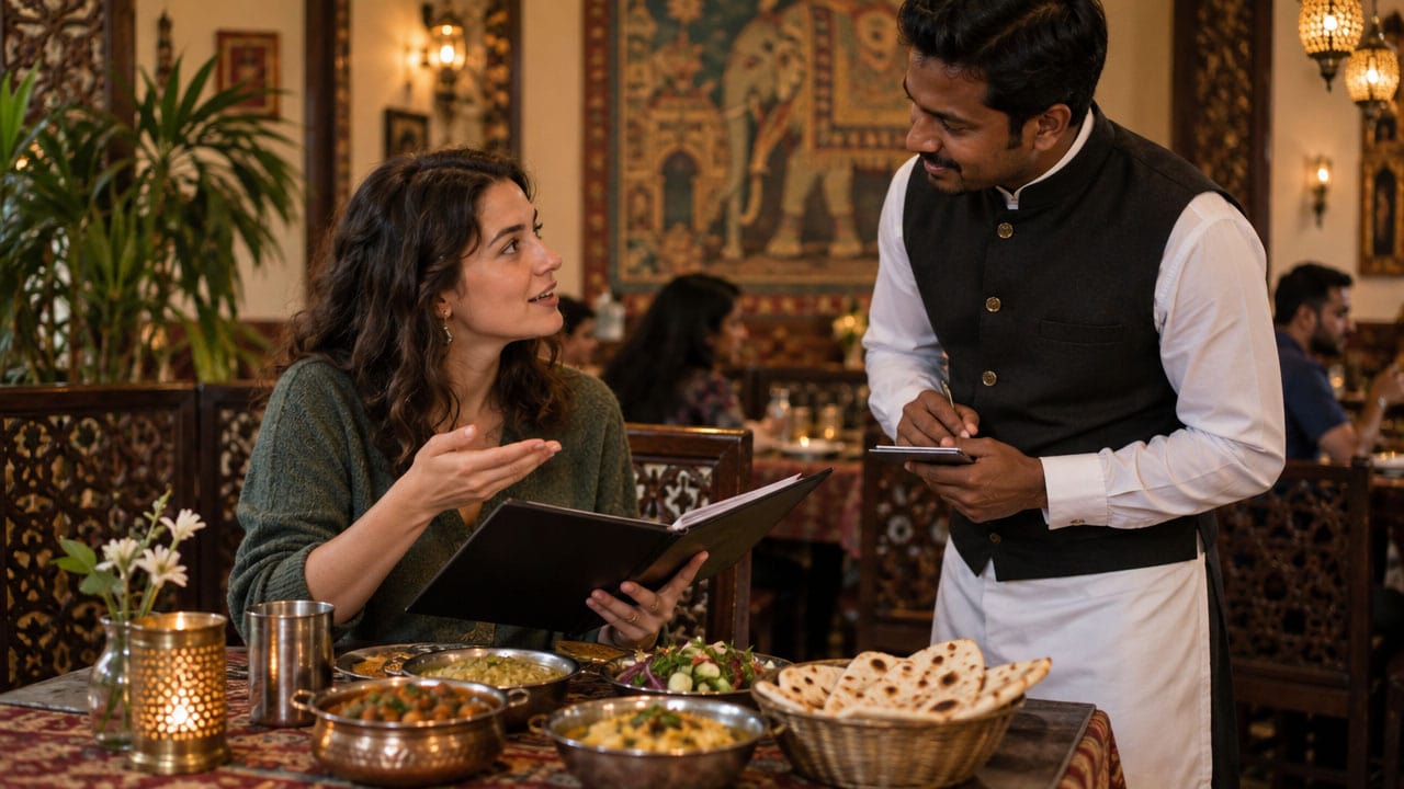 Woman ordering vegan food at an Indian restaurant