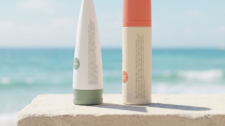 Two bottles of sunscreen, one labeled vegan by its maker and one labeled cruelty free, with their ingredient panels turned toward the reader.