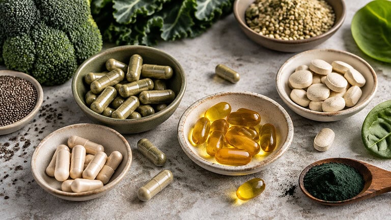 Small stone bowls of vegan supplements on a pale counter: green and white capsules, amber algae oil softgels and round white tablets, with broccoli, kale, chia seeds, hemp seeds and a spoon of green powder