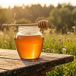 A jar of honey beside a wooden beehive, representing the debate over whether vegans should eat honey.