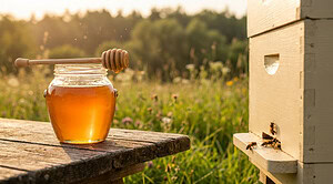 A jar of honey beside a wooden beehive, representing the debate over whether vegans should eat honey.