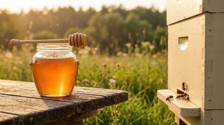 A jar of honey beside a wooden beehive, representing the debate over whether vegans should eat honey.
