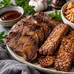 Slices of browned seitan, pan-fried tempeh and seared tofu cubes on a platter, with a bowl of shredded jackfruit, a dish of barbecue sauce and fresh parsley