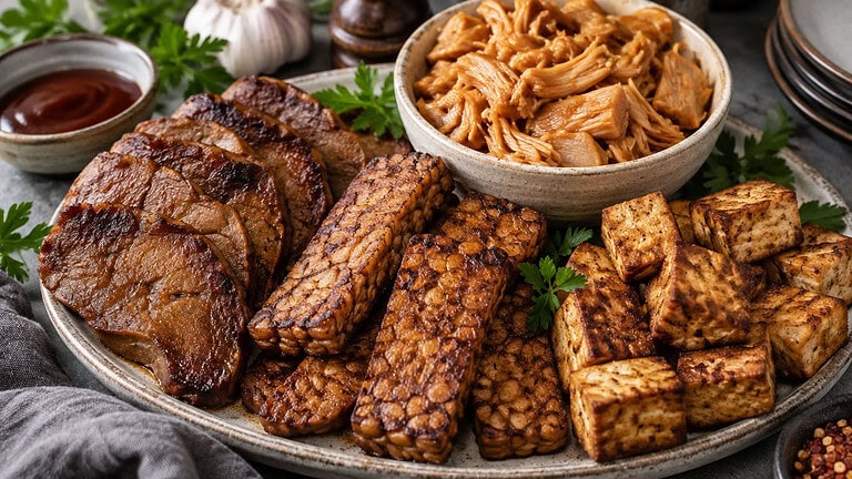 Slices of browned seitan, pan-fried tempeh and seared tofu cubes on a platter, with a bowl of shredded jackfruit, a dish of barbecue sauce and fresh parsley