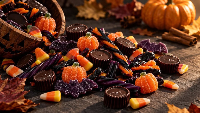 Halloween candy spilling from a carved wooden bowl onto a rustic table, with chocolate cups, purple twists and pumpkin-shaped sweets