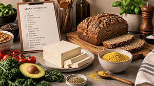 A block of tofu with sliced pieces, a seeded whole-grain loaf and a bowl of nutritional yeast beside a vegan grocery list on a clipboard, with kale, avocado, tomatoes and chickpeas