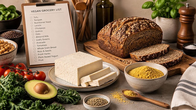 A block of tofu with sliced pieces, a seeded whole-grain loaf and a bowl of nutritional yeast beside a vegan grocery list on a clipboard, with kale, avocado, tomatoes and chickpeas