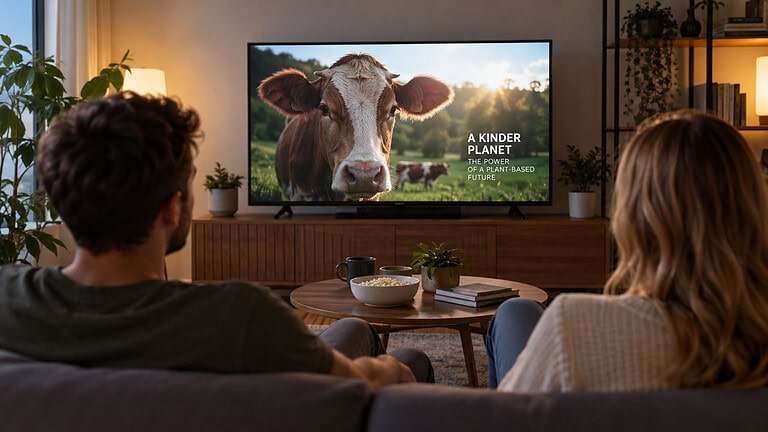 Two people on a sofa, seen from behind, watching a documentary with a brown and white cow on the TV screen, a bowl of popcorn on the coffee table and houseplants around the room
