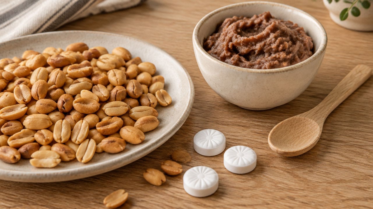 A plate of dry roasted peanuts, a small bowl of refried beans, three white mints and a wooden spoon on a wooden table
