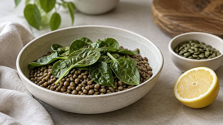 A bowl of cooked lentils topped with spinach leaves, beside a small bowl of pumpkin seeds and half a lemon
