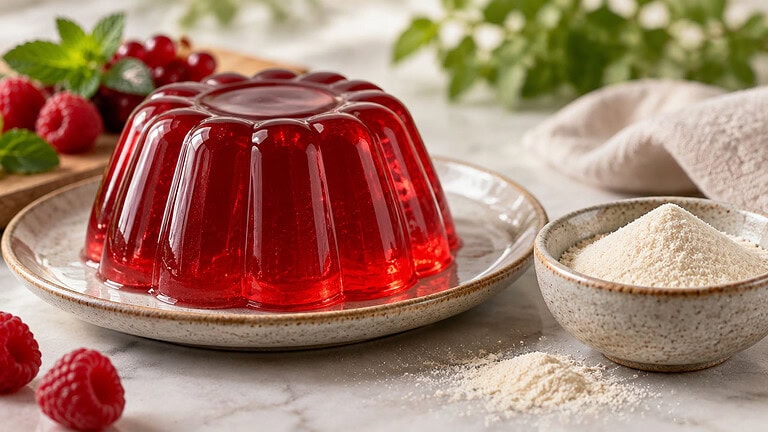 A fluted red jelly turned out on a speckled stoneware plate, with a small bowl of pale agar powder, raspberries, redcurrants and mint