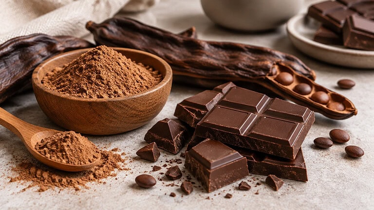 A wooden bowl and spoon of carob powder beside dried carob pods, one split open to show its seeds, next to broken squares of dark chocolate