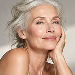 An older woman with silver-grey hair smiling, her chin resting on her hand, in soft daylight against a pale wall