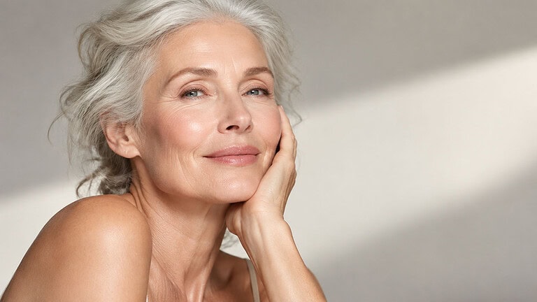 An older woman with silver-grey hair smiling, her chin resting on her hand, in soft daylight against a pale wall