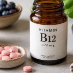 An amber glass bottle with a plain label reading Vitamin B12 1000 mcg beside a small stoneware dish of pink tablets, with blueberries, almonds, walnuts and leafy greens around it.