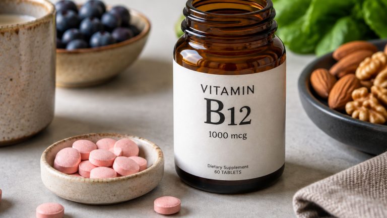 An amber glass bottle with a plain label reading Vitamin B12 1000 mcg beside a small stoneware dish of pink tablets, with blueberries, almonds, walnuts and leafy greens around it.