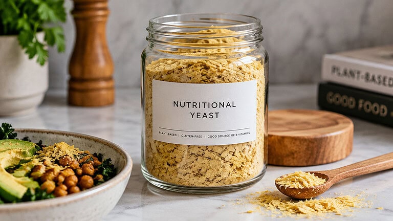 Glass jar of golden nutritional yeast flakes with a plain label, a wooden spoon of flakes, a bowl of chickpeas, avocado and greens, and a pepper mill on a marble counter